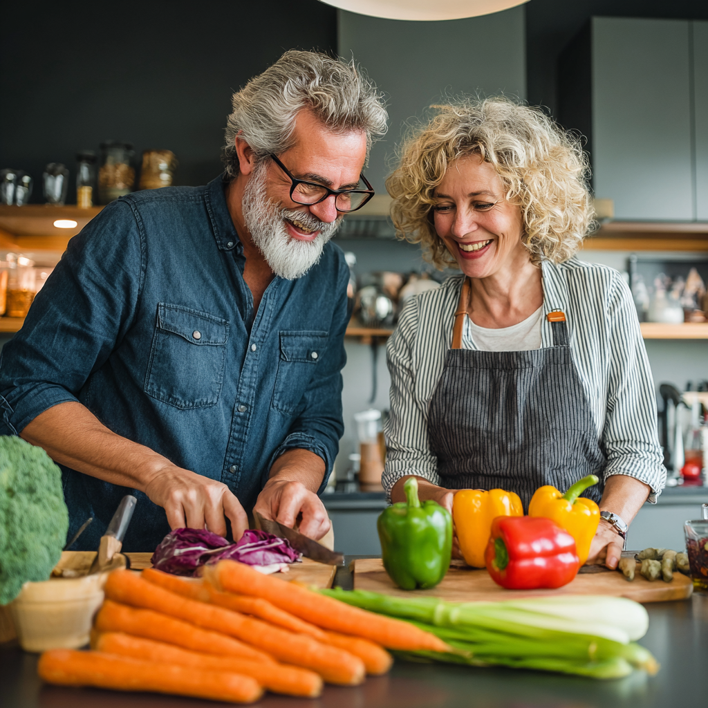 Happy mature couple in their 50s cooking together in a modern kitchen, preparing healthy vegetables and smiling while following a meal plan