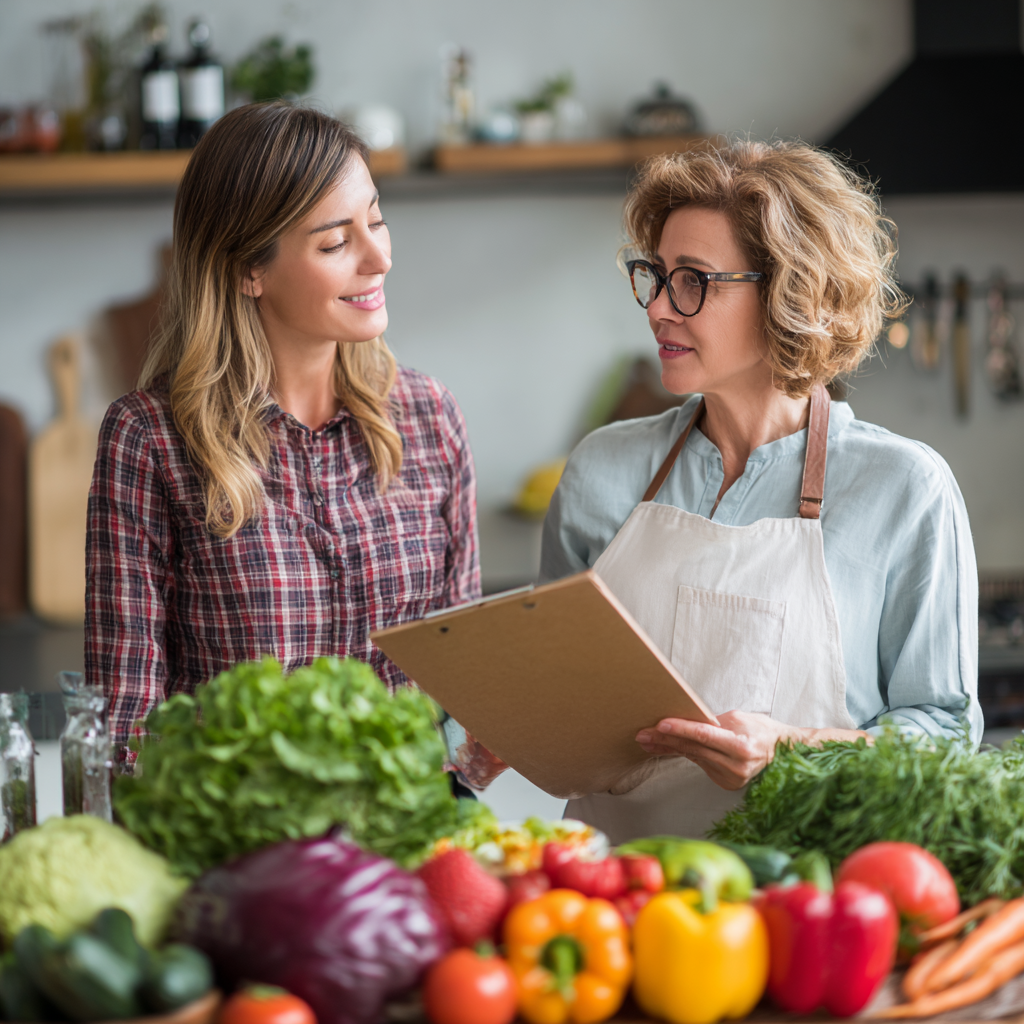 Professional nutritionist consulting with a middle-aged woman in her 40s about meal planning in a modern, bright kitchen setting with fresh vegetables and healthy ingredients on the table